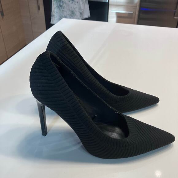 Zara Black Ribbed Fabric Stretch High Pointy Toe Pumps Heels Size 38 - Picture 4 of 10